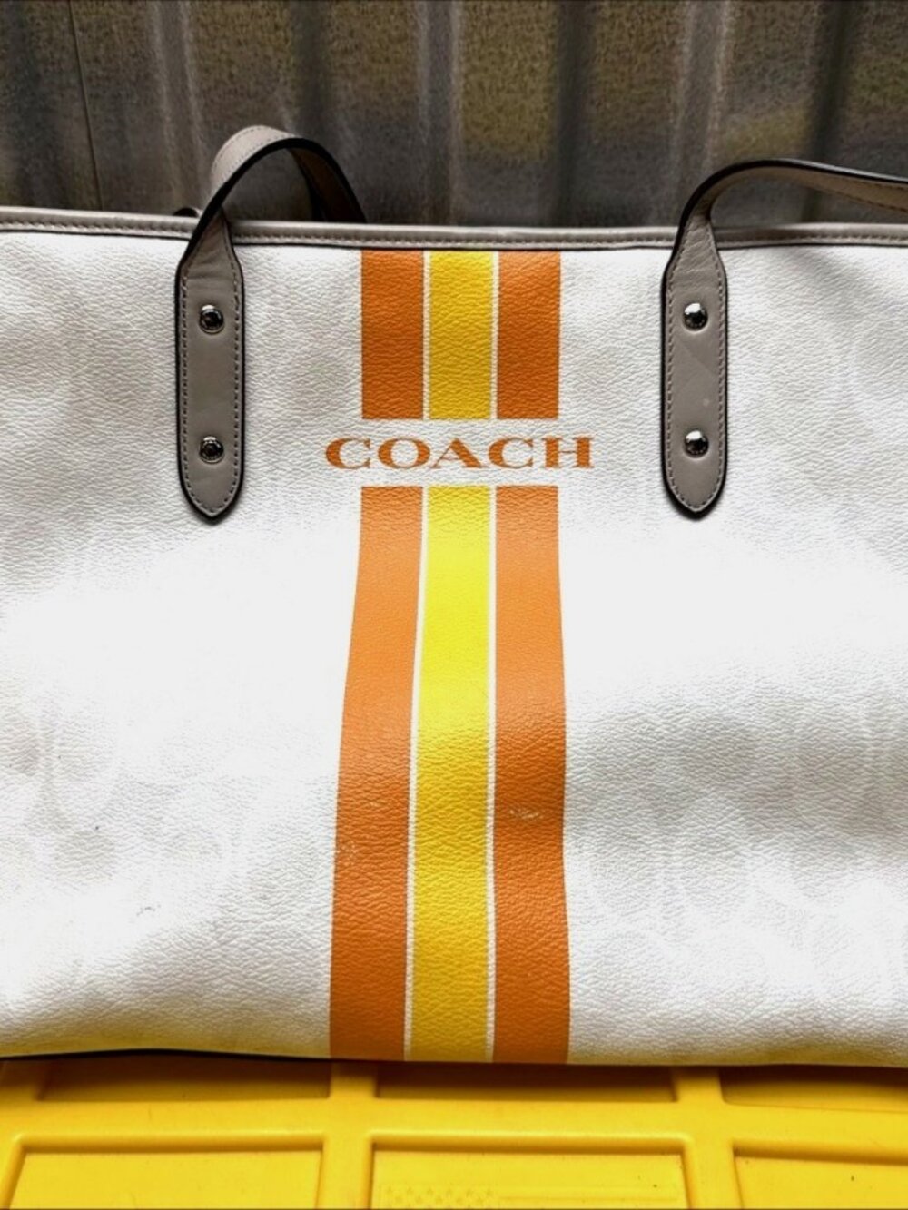 Coach White Signature Tote Bag Orange Stripe Canvas Used
